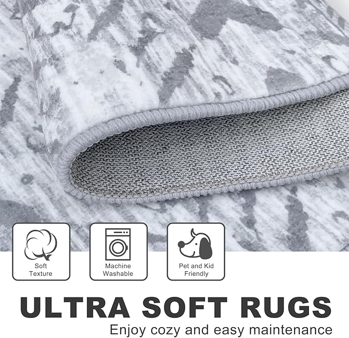 KILOCOCO Kitchen Runner Rug Hallway Runner Rug Washable, Soft Runners Rugs Non Slip Printed Distressed Laundry Room Rugs, Low-Pile Runners for Entryway/Bedroom/Living Room, 2x5 Gray/White