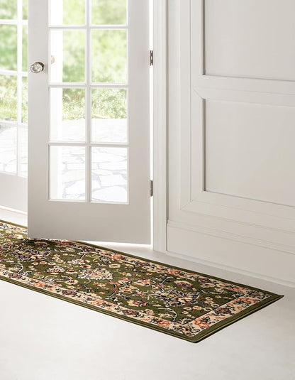 Rugs.com Yasmin Collection Rug – 10 Ft Runner Green Medium Rug Perfect for Hallways, Entryways