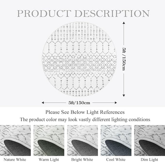 Lahome Moroccan Round Area Rug - 5Ft Machine Washable Soft Round Bedroom Rugs Non-Slip Throw Round Rugs for Living Room, Modern Geometric Print Low-Pile Circle Rugs for Office Dining Room Classroom