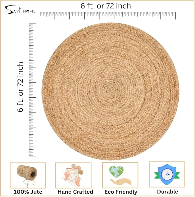 Savi Home Hand Woven Jute Braided Rug, 6' Round - Natural, Reversible Area Rugs for Living Room, Farmhouse, Kitchen, Handcrafted 6 Feet Round Area Rugs - Natural