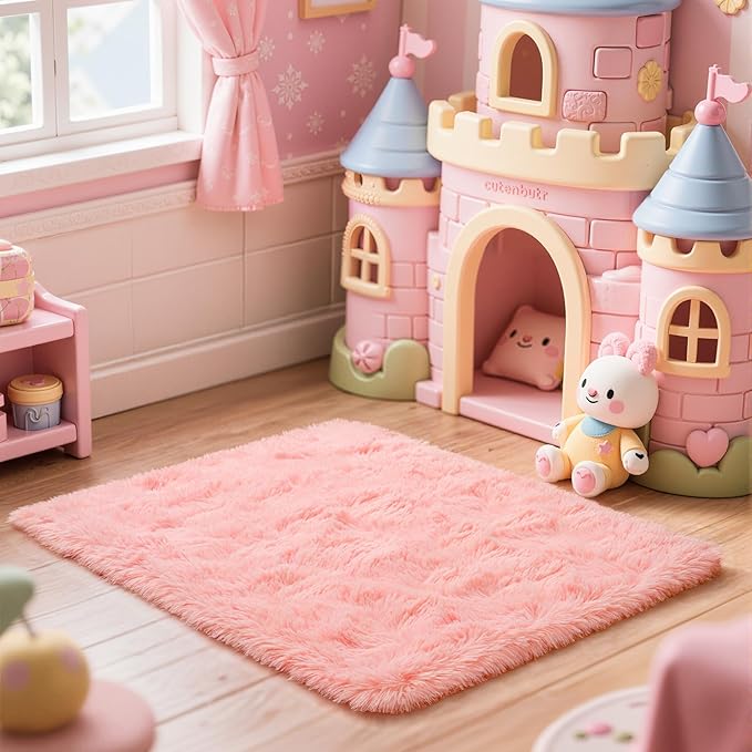 Zentavio Bedside Rugs Small 2x3 Shag Entry Entrance Rugs Soft Girls Bedroom Carpet Area Rugs for Dorm College Essentials Non-Slip Living Room Throw Rug Home Decor Aesthetic Nursery Pink