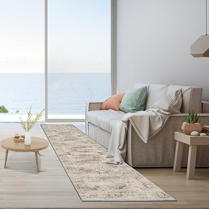 Washable Runner Rugs for Hallways 2x8 Non-Slip Hallway Runner Rugs for Entrance Bedroom Low Pile Vintage Runners Beige