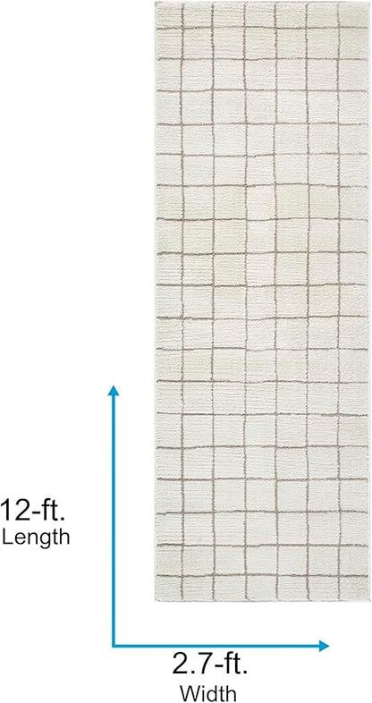 Livabliss x Our PNW Home Cascade Minimalist Grid Area Rug, 2'7" x 12', Grid Ivory/Taupe