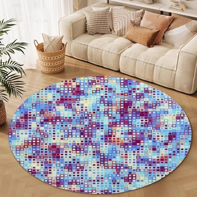 Abstract Pixel Geometry Round Rug Ombre Blue Purple Living Room Circle Area Rugs 3ft Washable Soft Non Slip Low Pile Indoor Floor Carpet for Bedroom Office Kitchen Coffee Table