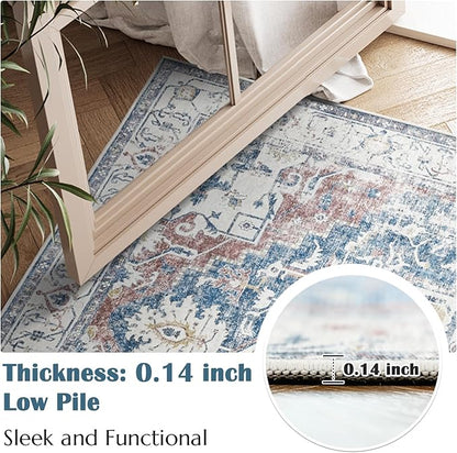 jinchan Kelda Runner Rug 3x10 Vintage Hallway Rug Washable Runner Retro Floor Cover Lightweight Non-Slip Low Pile Thin Distressed Carpet for Entryway Bathroom Laundry Room Bedroom Stairway Navy Blue