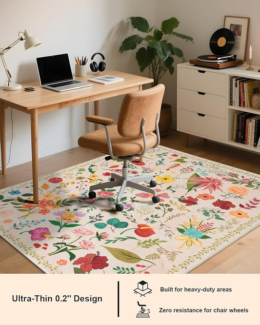 Boho Washable Area Rug 4x6 – Floral Low Pile Non-Slip Carpet for Living Room, Bedroom, Office, Playroom, Entryway, Kitchen, Dining Room (Beige)