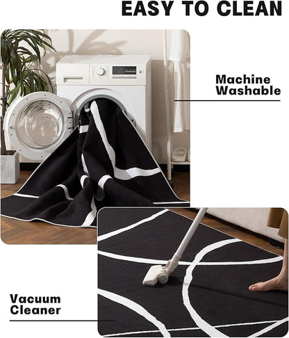 YIHOUSE Modern Washable Area Rug for Living Room Bedroom - Large Abstract Black and White Rug Non-Slip Ultra-Thin Home Decor (Dark Curve, 5'x7'ft)