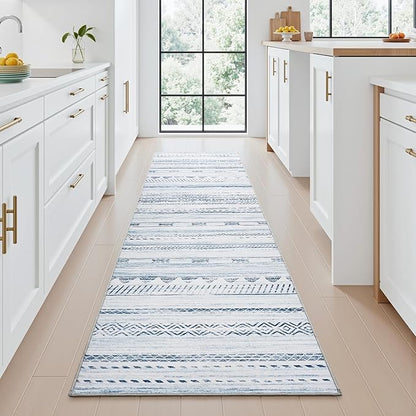 2x10 Runner Rug Machine Washable Non Slip Area Rug Distressed Neutral Moroccan Boho Rug Ultra Soft Floor Runners for Hallways for Entryway Laundry Room Kitchen, Blue