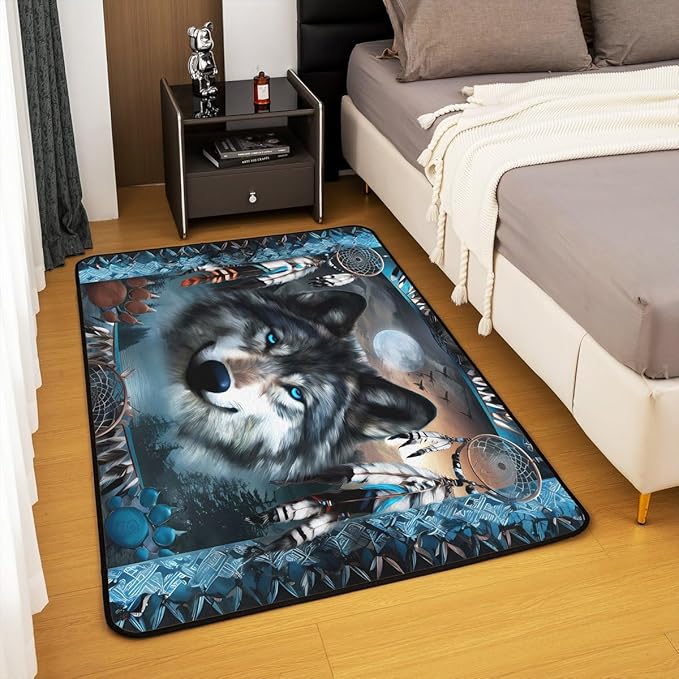 Western Wolf 3 x 5 Area Rug Bohemian Dream Catchers Rugs for Living Room | Woodland Animals Washable Rug, Dreamcatcher Wildlife Carpet Indoor Floor Mat