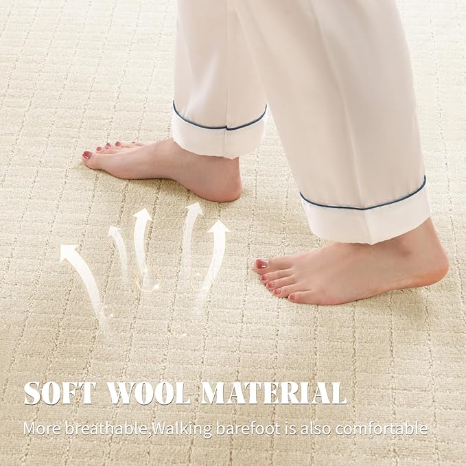 Shilucheng Wool Rug 8x10 Non-Slip, Blend 80% Wool and 20% Cotton Rugs for Living Room, Bedroom, Dinning Room, Soft Durable Cotton Backing Modern Area Rug (Beige/White)