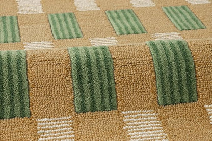 Hand-Tufted Wool Area Rug with Scalloped Edges, Beige and Green Plaid Pattern, Cozy and Soft Accent Rug for Living Room, Bedroom, and Nursery, Handmade Decorative Rug, 8x10 Ft