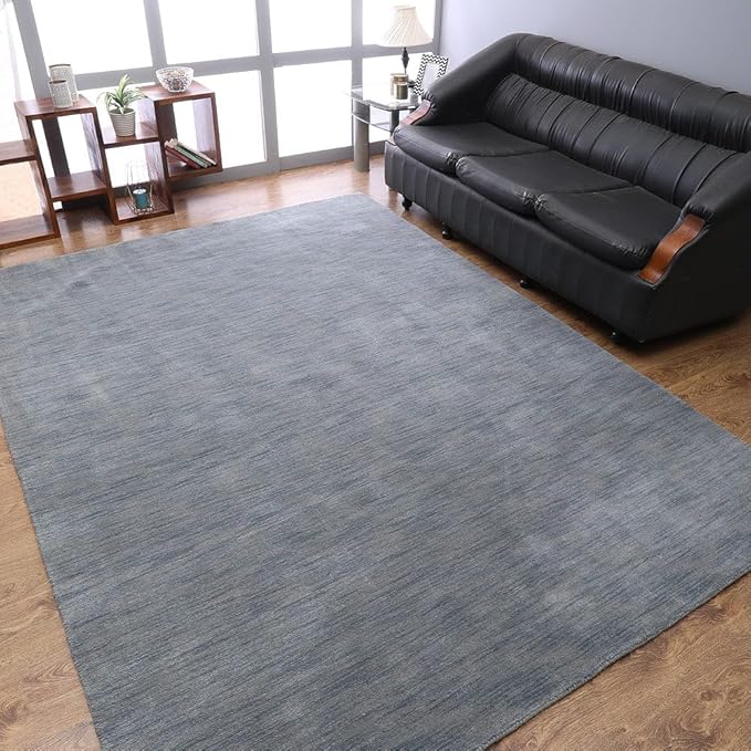 Hand Knotted Loom Wool ECO-Friendly Area Rugs - 8'x11', Rectangle, Light Blue Color, Solid Plain Design, High Pile Thick Handmade Anti Skid Rugs for Living Room (L00111)