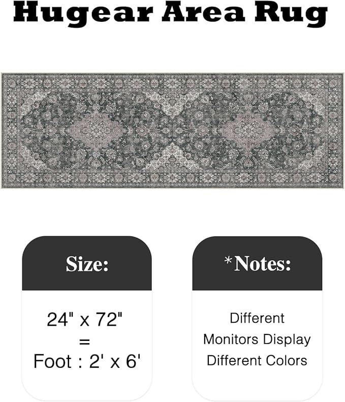 HUGEAR 2x6 Runner Rug Hallway Machine Washable Retro Black Vintage Floral Low Pile Carpet Distressed Long Throw Rug Bedroom Office Bathroom Kitchen Laundry Non Slip Soft Lightweight