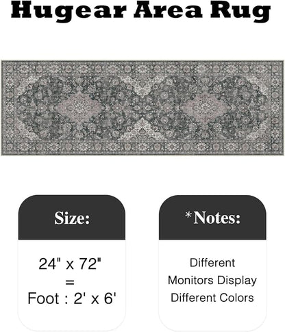 HUGEAR 2x6 Runner Rug Hallway Machine Washable Retro Black Vintage Floral Low Pile Carpet Distressed Long Throw Rug Bedroom Office Bathroom Kitchen Laundry Non Slip Soft Lightweight