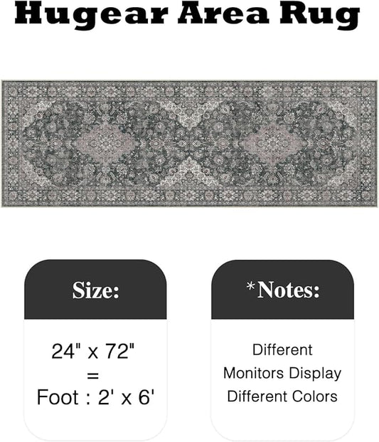HUGEAR 2x6 Runner Rug Hallway Machine Washable Retro Black Vintage Floral Low Pile Carpet Distressed Long Throw Rug Bedroom Office Bathroom Kitchen Laundry Non Slip Soft Lightweight