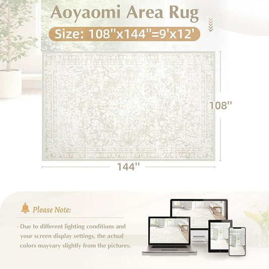 Vintage Living Room Area Rug - 9x12 Large Machine Washable Boho Area Rug Distressed Floral Rugs for Bedroom, Soft Non-Slip Indoor Floor Accent Rugs for Office Dining Room (Cream Beige, 9'x12')