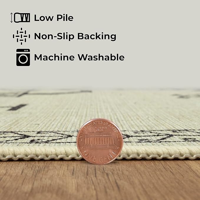 GLN Rugs Contemporary Collection - Machine Washable Area Rug, Contemporary Washable, Non Slip, Low Pile Chenille Rug, Living Room, Bedroom, Kitchen Rug (2'6" x 10' Cream/Anthracite)