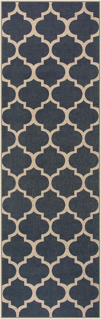 Lahome Moroccan Easy Jute Runner Rug, Blue Washable Runner Rugs for Outdoor Porch Hallway, Geometric Trellis Woven Long Carpet for Doorway, Thin Non Slip Outdoor Decor, 2'6'' x 8'