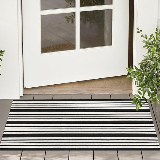 KOZYFLY Black and White Striped Doormat 2x3 Ft Small Area Rug Cotton Front Porch Rug Washable Outdoor Rug Farmhouse Layered Front Door Mat for Front Door Entryway Patio Porch