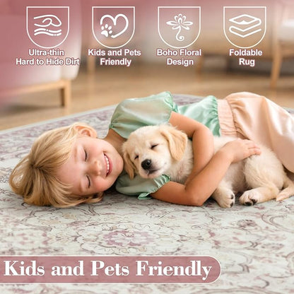 Wonnitar Floral Washable 8x10 Rug, Pink Area Rug for Bedroom Girls, Soft Non Slip Ultra-Thin Large Boho Vintage Home Decor Carpet for Living Room Nursery Dining Room Girl Room