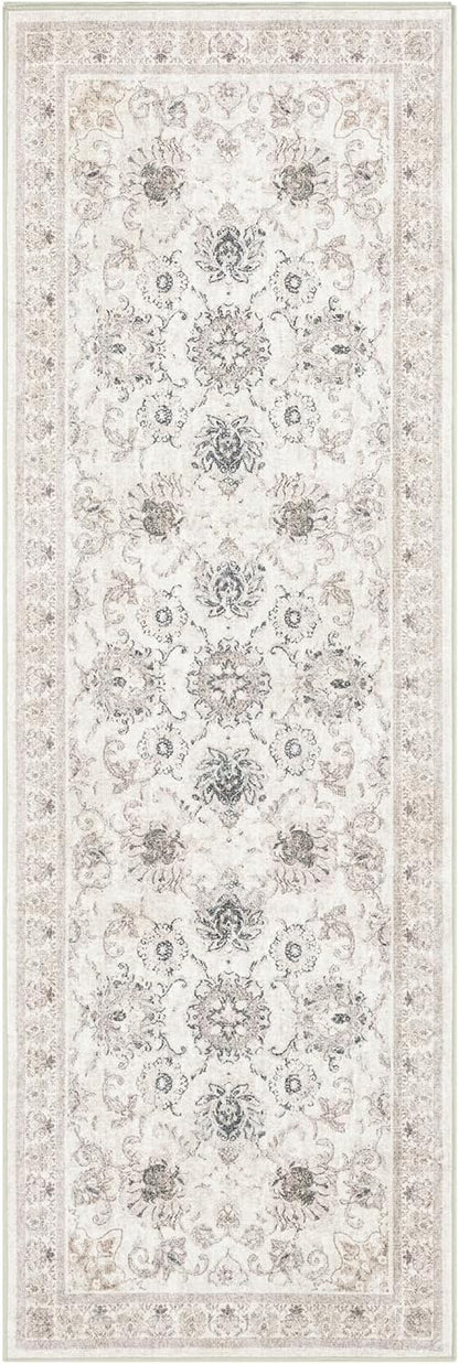 Phantoscope Washable Runner Rug 2'x6' Non-Slip, Vintage Neutral Hallway Rugs for Entryway, Stair, Bedroom, Distressed Boho Floral Medallion Pattern, Low-Pile Foldable Carpet, Cream Beige/Neutral