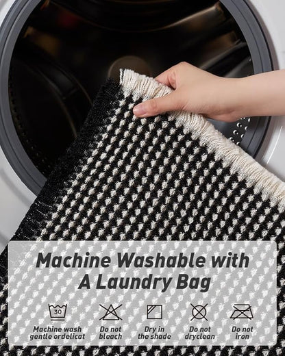 AMOAMI Upgraded Waffle Runner Rug Super Absorbent Non Slip Bath Mats for Bathroom Machine Washable Bathroom Runner Rug with Tassels, Ideal for Hallway Bedroom Laundry Room, 2' x 4', Black & Cream