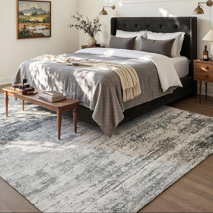 Area Rug 9x12 Washable Rug Grey for Living Room, Dining Room, Bedroom, Large Carpets, Non Slip & Non-Shedding Low Pile Vintage Print Rug for Home Office Decor