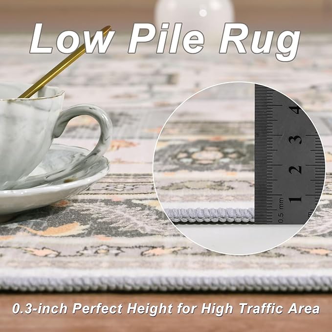 5x7 Grey Beige Area Rug for Living Room, Machine Washable Rugs with Non-Slip Backing for Bedroom, Vintage Medallion Carpet Dining Room Office Kids Room Decor
