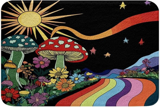 Erosebridal Trippy Mushroom Bathroom Rugs Groovy Floral Mats Rainbow Striped Ultra Soft Bathtub Rugs 20x32 Hippie Boho Eye Room Decor Starry Night Bath Mat 70s Theme Decor