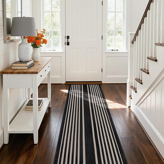 Beeiva Striped Runner Rug for Hallways, 2x6 Washable Runner for Entryway, Black and White Bathroom Runners Non Slip Soft Low Pile Vertical Striped Geometric Print Carpet Rugs for Kitchen Laundry Porch