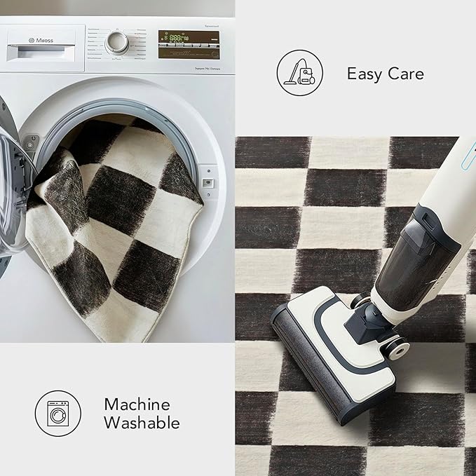 EVERGRACE Checkered Plaid Area Rug 9x12, Soft Fuzzy Faux Wool Rugs Washable Anti Slip Rugs Large Rug Carpet for Entryway Bedroom Living Room Hallway Kitchen and Laundry Room, Black and White