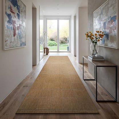Beverly Rug Easy Jute Checkered Squared Runner Rug 2x7 Washable Durable Indoor Outdoor Area Rugs for Living Room Patio Office Stain Resistant Non Shedding Casual Indoor Outside Carpet 2 x 7 Natural
