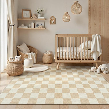 Machine Washable 5x7 Area Rugs for Living Room Checkered, Non Slip Soft Low Pile Farmhouse Geometric Modern Neutral Playroom Boys Rugs for Bedroom, Large Carpet Rugs for Dining Room(Ivory,5'x7')
