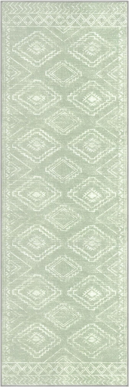 KILOCOCO Boho Kitchen Runner Rug 2x6 Washable Soft Runners for Hallways Non Slip Printed Distressed Laundry Room Rugs, Low-Pile Rugs for Entryway/Bedroom/Living Room, Grey Green