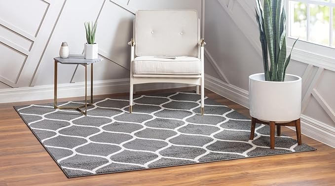 Rugs.com Lattice Frieze Collection Rug – 8' Square Dark Gray Medium Rug Perfect for Living Rooms, Kitchens, Entryways