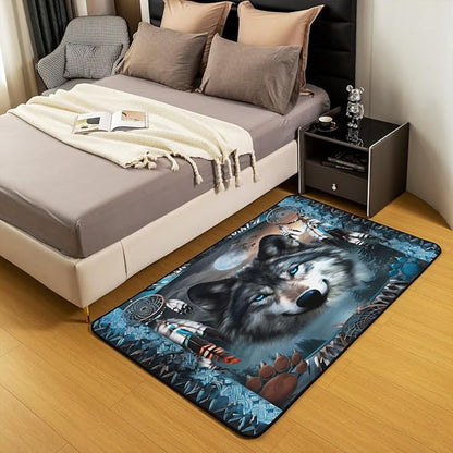 Western Wolf 3 x 5 Area Rug Bohemian Dream Catchers Rugs for Living Room | Woodland Animals Washable Rug, Dreamcatcher Wildlife Carpet Indoor Floor Mat