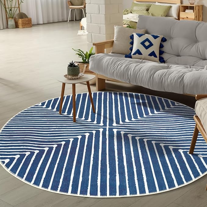 GLN Rugs Contemporary Collection - Machine Washable Area Rug, Contemporary Washable, Non Slip, Low Pile Chenille Rug, Living Room, Bedroom, Kitchen Rug (5'3" Round Lines Blue)