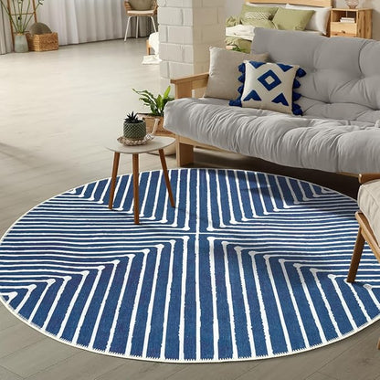 GLN Rugs Contemporary Collection - Machine Washable Area Rug, Contemporary Washable, Non Slip, Low Pile Chenille Rug, Living Room, Bedroom, Kitchen Rug (5'3" Round Lines Blue)