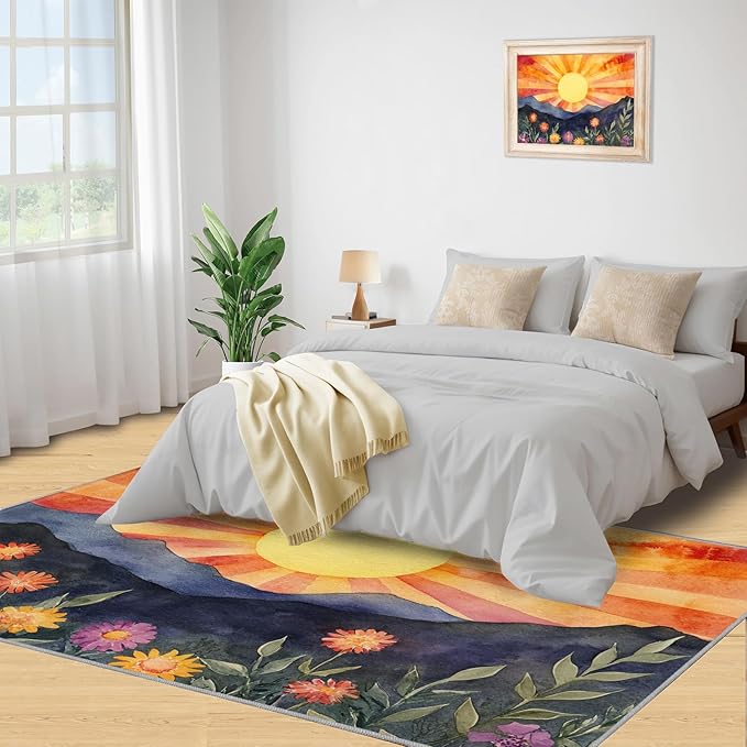 Boho Sun Runner Rugs 3x6ft, Radiant Sunburst Bedside Rug, Geometric Solar Laundry Rug with Non Slip Backing for Bedroom Kitchen Sink Front Door Entryway Indoor