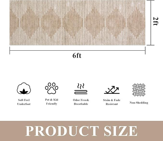 HelloTree Hallway Runner Rug，2x6 Moroccan Modern Stripe Carpet Washable Machine Bathroom Runner Bohemian Modern Soft Non Slip Indoor Rug for Entryway Hallway Laundry Room Bedroom-Pink&Khaki
