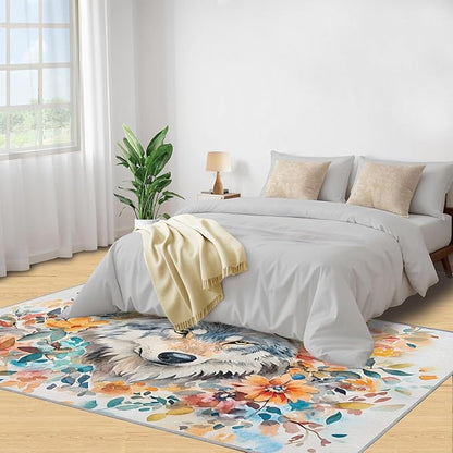 3x5 Wolf Dorm Rug - Watercolor Florals Small Rugs for Bedroom, Animals Area Rug Washable Non Slip for Bedroom Kitchen Living Room Entryway