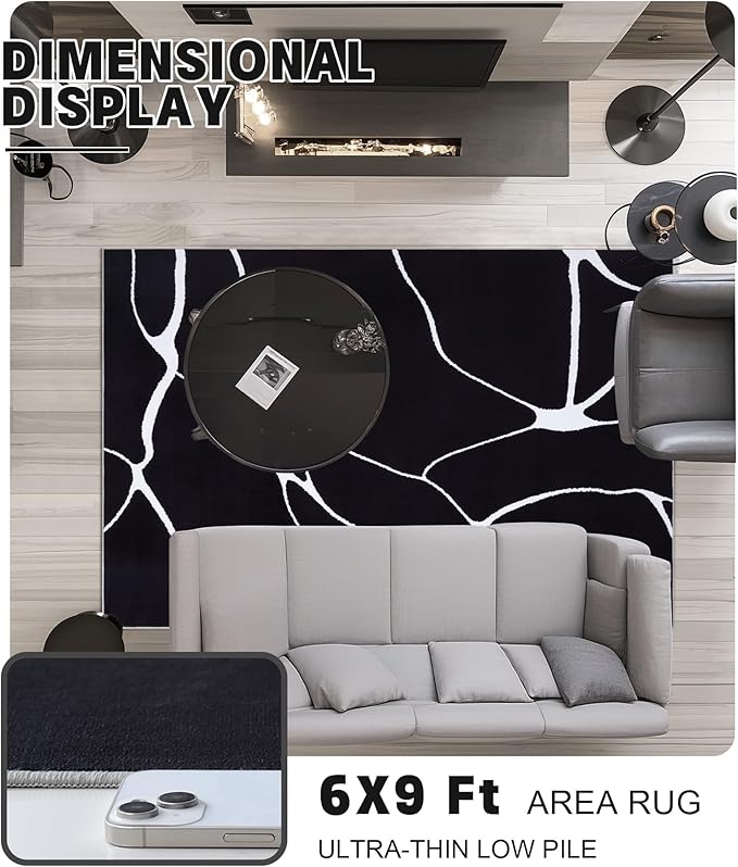 YIHOUSE Modern Washable Area Rug for Living Room Bedroom - Large Abstract Black and White Rug Non-Slip Ultra-Thin Home Decor (Dark Warping, 6'x9'ft)