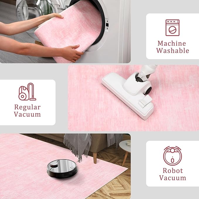 RUGSREAL Washable Rug 10x13 for Living Room Modern Abstract Area Rug Non-Slip Large Contemporary Bedroom Rug Stain Resistant Aesthetic Accent Floor Carpet Foldable Solid Rug for Home Office, Pink