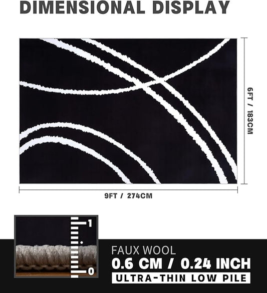 YIHOUSE Black Modern Area Rug 6x9,Abstract Rugs for Bedroom,Minimalist Striped Rug,Black and White Geometric Rug,Dark Washable Area Rugs 6x9 Non Slip Rugs for Living Room，Office