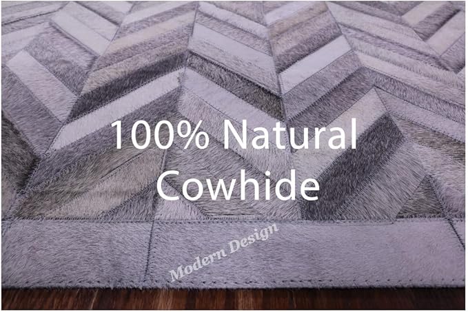 Modern Design Premium Cowhide Leather Carpet with Chevron Pattern, Area Rug (Natural Multi Grey, 9x15)