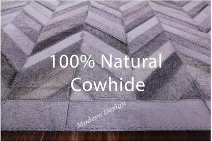 Modern Design Premium Cowhide Leather Carpet with Chevron Pattern, Area Rug (Natural Multi Grey, 9x15)