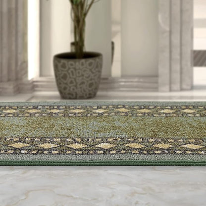 Antep Rugs Alfombras Modern Bordered 2pc Non-Skid (Non-Slip) Low Profile Pile Rubber Backing Indoor Kitchen Runner Rugs (Green, 2pc Set)