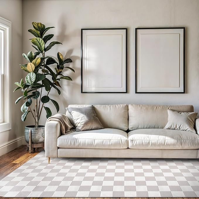 Beverly Rug Modern Geometric Area Rug 4x6 Low-High Pile Durable Soft Abstract Checkered Indoor Rugs for Living Dining Room Office Stain Resistant Non Shedding Casual Indoor Carpet Beige White 4 x 6