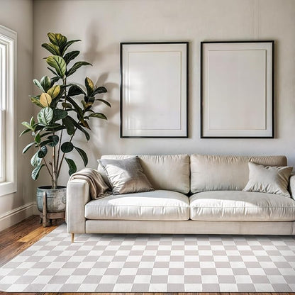Beverly Rug Modern Geometric Area Rug 4x6 Low-High Pile Durable Soft Abstract Checkered Indoor Rugs for Living Dining Room Office Stain Resistant Non Shedding Casual Indoor Carpet Beige White 4 x 6