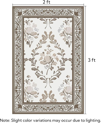 SOULFUL Medium Pile 2x3 Entryway Rug - Soft Underfoot Small Area Rug - Brown Boho Floral - Washable Non-Slip - Perfect for Hallway Kitchen Bedroom Bathroom Indoor Entrance